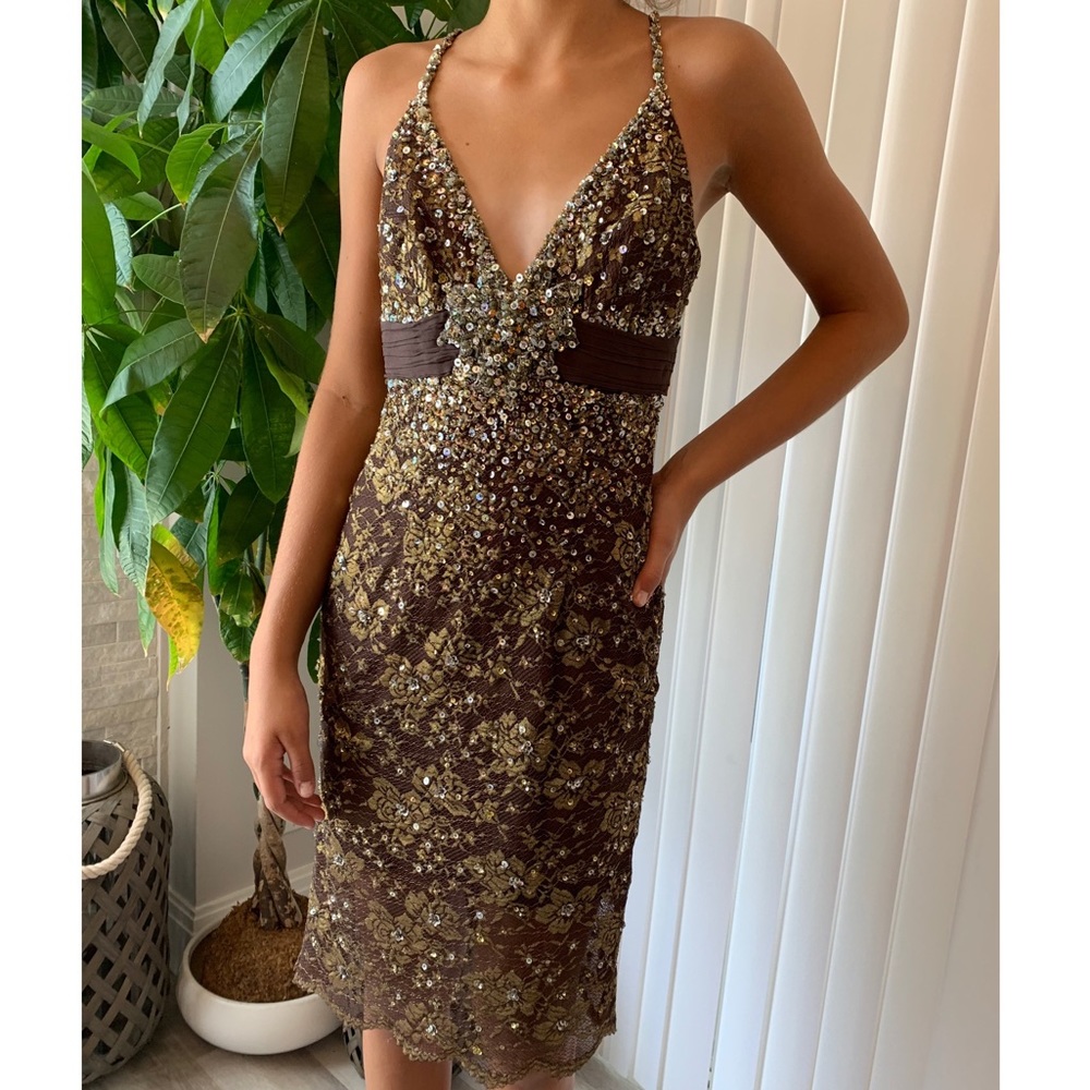 MANDALAY beaded sequin lace cocktail dress brown